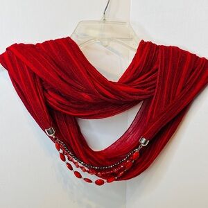 Ruby Red Beaded Infinity Loop Scarf Necklace Red And Silver Beaded Accents